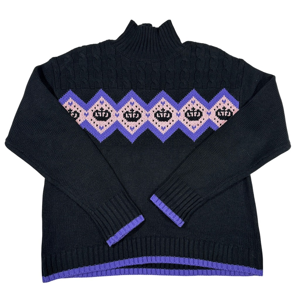 Juicy by Juicy Couture Sweater Black Purple Pink Crown Argyle Mock Neck Small
